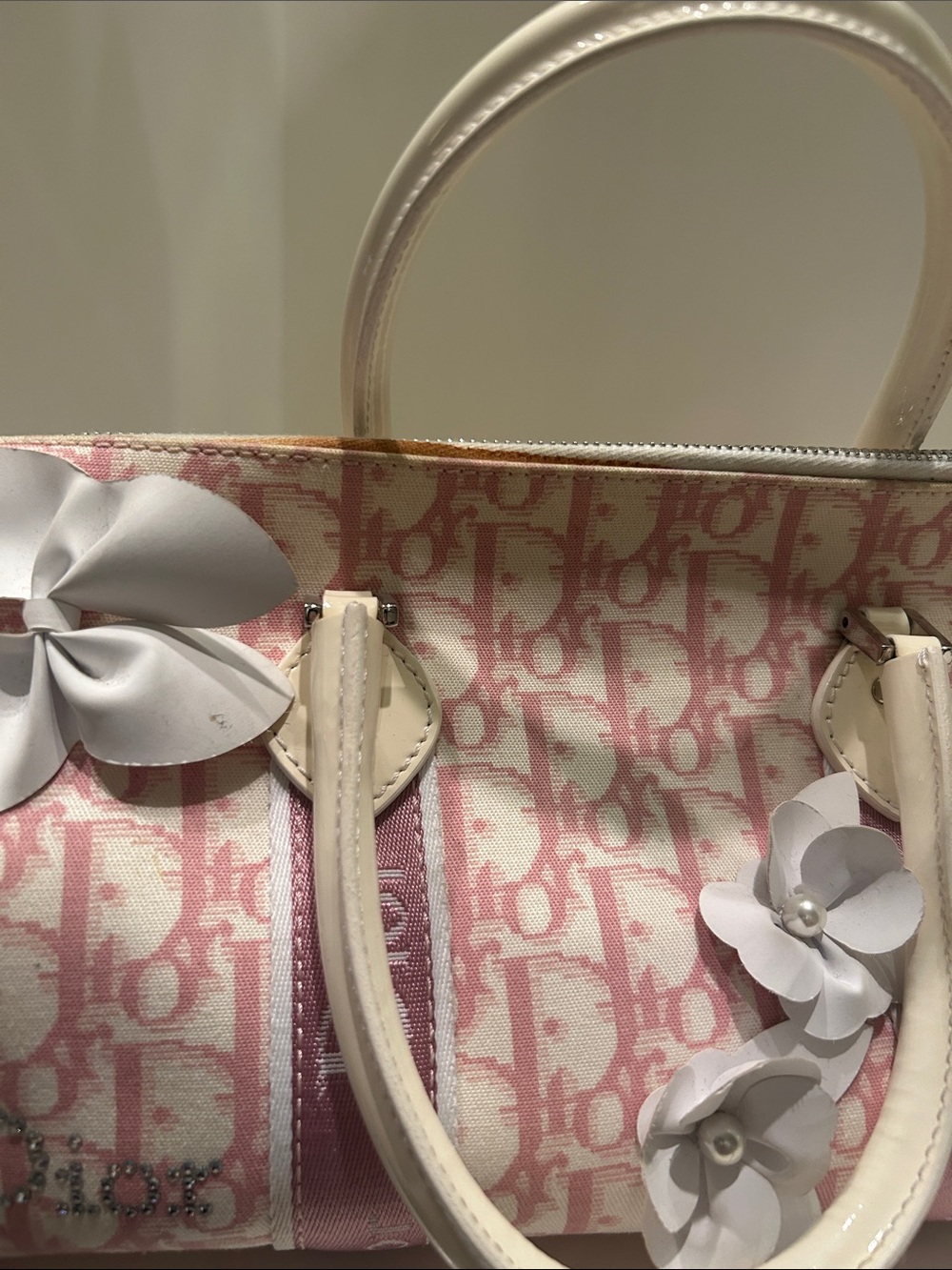 Dior Pink and White Floral Bowling Satchel with Crystal '1' Accent - Picture 5 of 13